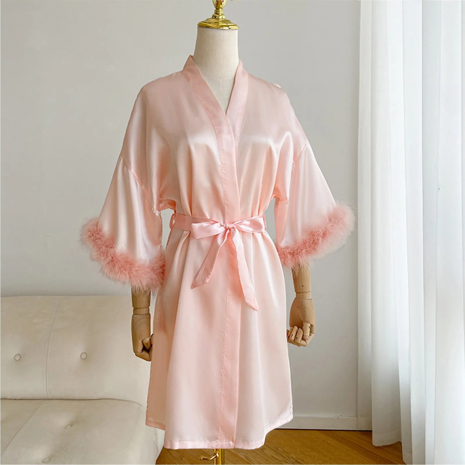 Fashion Satin Robe Female Bathrobe Sexy Lingerie Silk Kimono Bride Dressing Gown Women Sleepwear Furry 3/4 Sleeve Gown Bathrobe