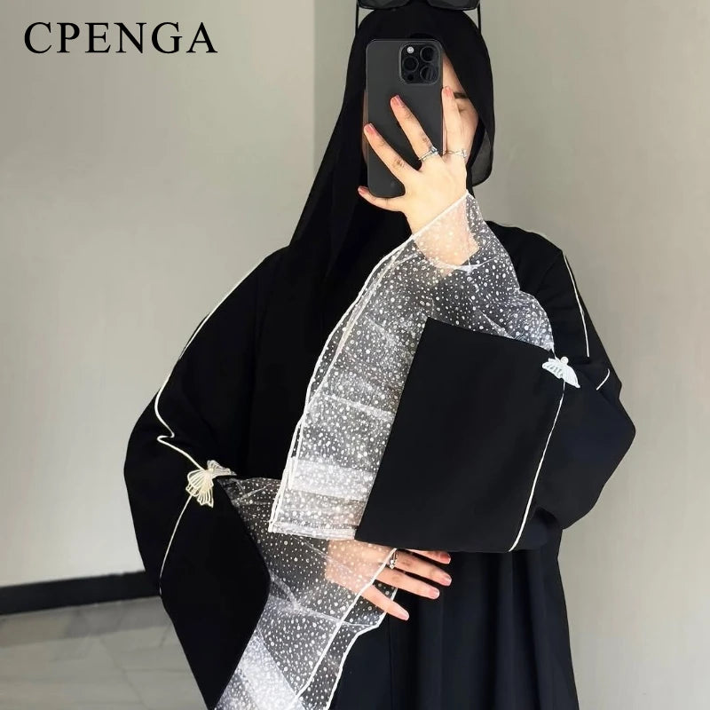 Summer Black Abaya for Muslim Women Elegant Dubai Modest Dress with Lace Sleeves Islamic Vacation Outfit 2025 Turkey Kaftan Robe