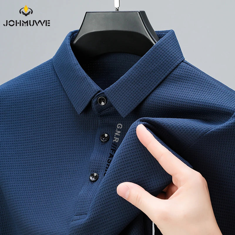 Men's Waffle Long Sleeved POLO Shirt with Letter Printed Lapel Casual Top