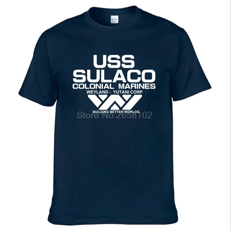 Fashion USCSS T-Shirt Alien USS Sulaco Colonial Marines Aliens Off World Short Sleeve Tshirt Men Cotton O Neck Tees