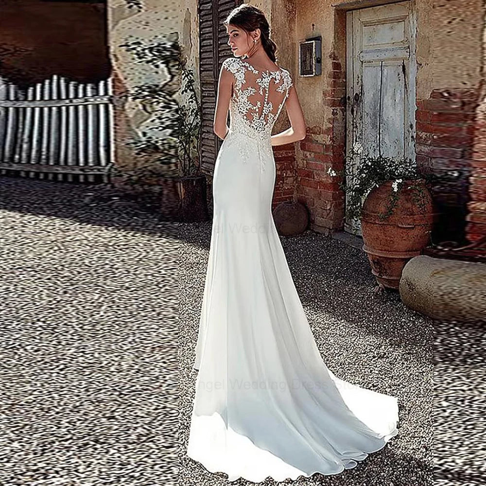 ANGEL Civil Mermaid Wedding Dress Customized Lace Scoop Neck Vestido Noiva Boho Satin White Bridal Gowns Illusion Appliques Back