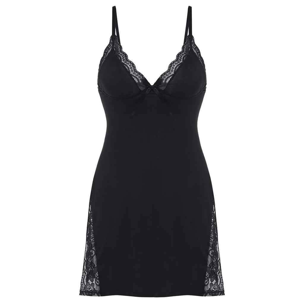 Sleepwear Women Lace Sexy Spaghetti Strap Home Clothes Solid Nighte Low Cut Sleeveless Split Nightgown Backless Ultra Mini Dress