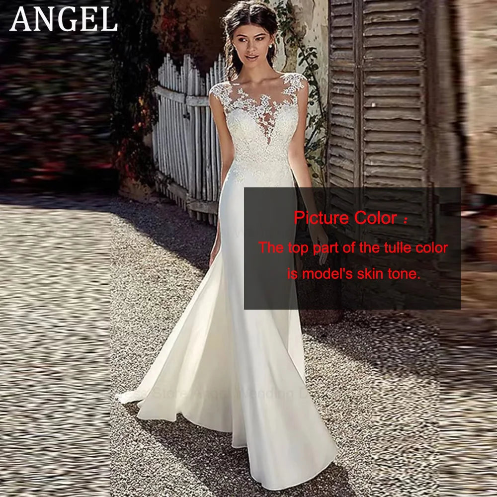 ANGEL Civil Mermaid Wedding Dress Customized Lace Scoop Neck Vestido Noiva Boho Satin White Bridal Gowns Illusion Appliques Back