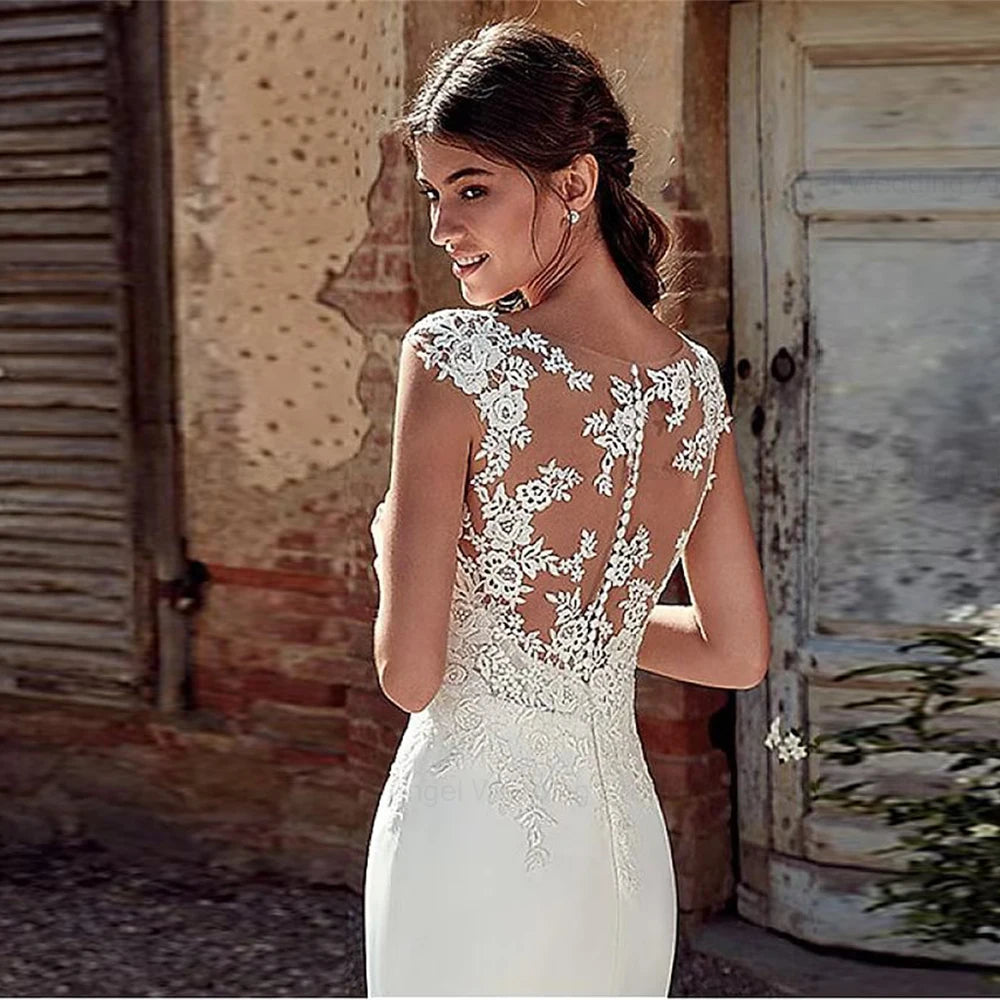 ANGEL Civil Mermaid Wedding Dress Customized Lace Scoop Neck Vestido Noiva Boho Satin White Bridal Gowns Illusion Appliques Back