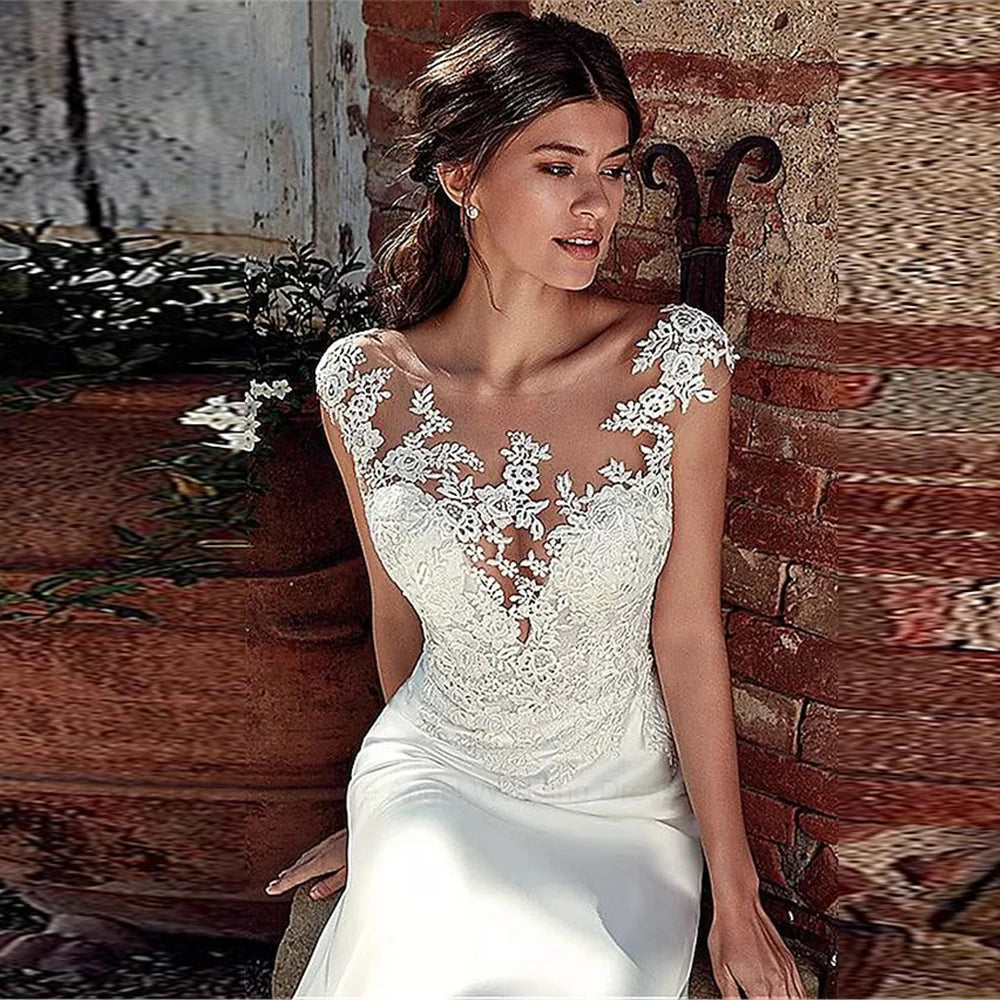 ANGEL Civil Mermaid Wedding Dress Customized Lace Scoop Neck Vestido Noiva Boho Satin White Bridal Gowns Illusion Appliques Back