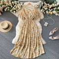 Retro Floral Print Ruffle Chiffon Elegant Midi Dress A-line V Neck Beach Vacation Dress Women Korean Fashion Summer Vestidos