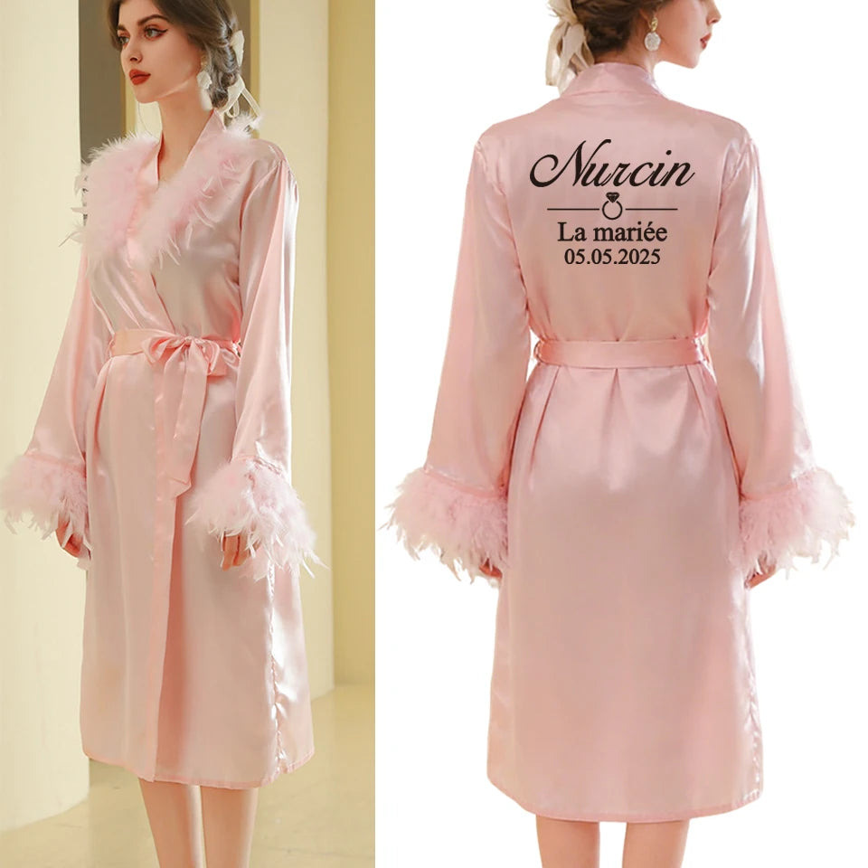 Customized Bathrobe for Women Personalized Name And Date Robe Add Any Text Gown for Bridal Party Feather Bride Robes