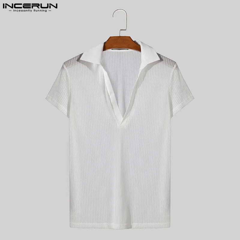 Fashion Well Fitting Tops INCERUN Men's Striped Perspective V-neck T-shirts Casual Streetwear Short Sleeved Camiseta S-5XL 2024