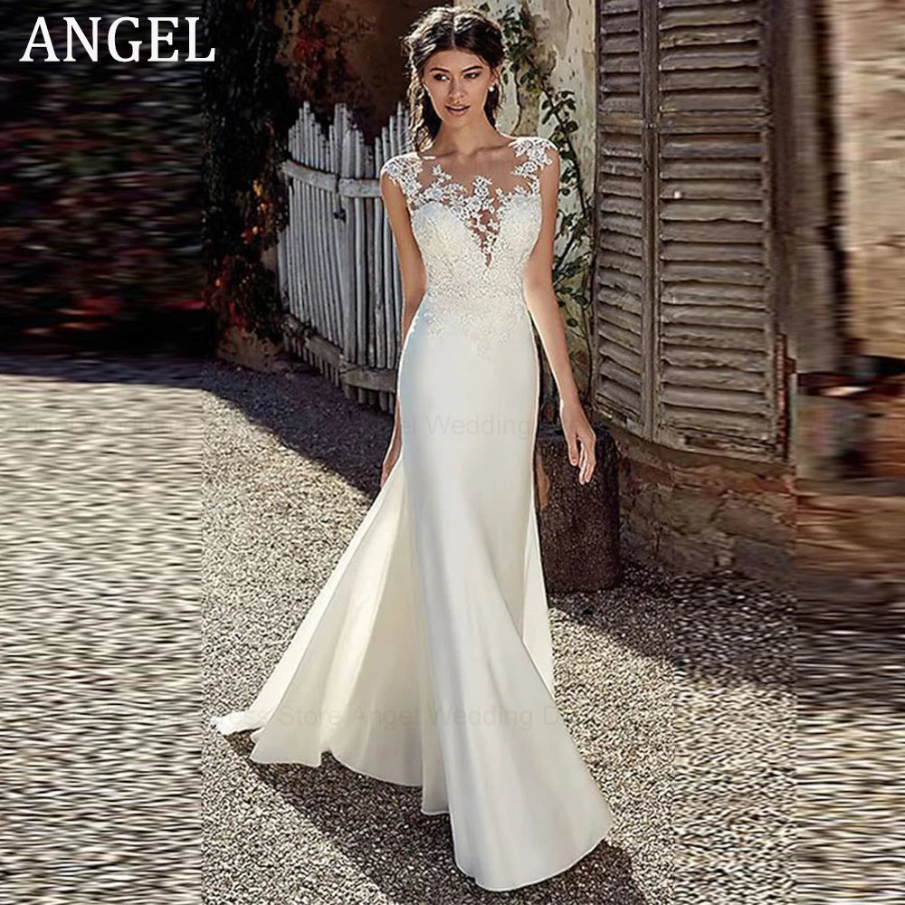 ANGEL Civil Mermaid Wedding Dress Customized Lace Scoop Neck Vestido Noiva Boho Satin White Bridal Gowns Illusion Appliques Back