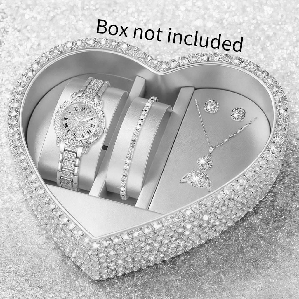 6PCS Luxury Rhinestone Women Watches Jewelry Set Ladies Roma Dial Quartz Watch Reloj Mujer Girls Clock Gift (Without Box)