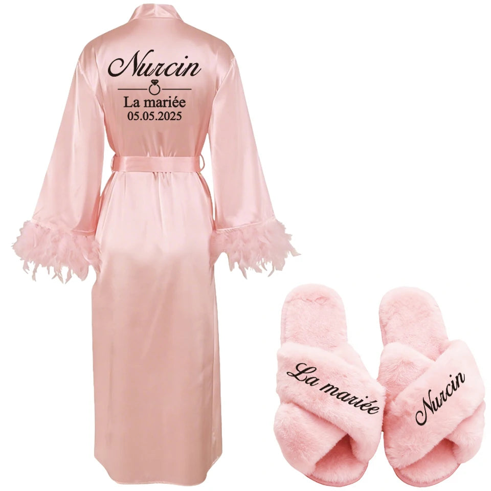 Customized Bathrobe for Women Personalized Name And Date Robe Add Any Text Gown for Bridal Party Feather Bride Robes